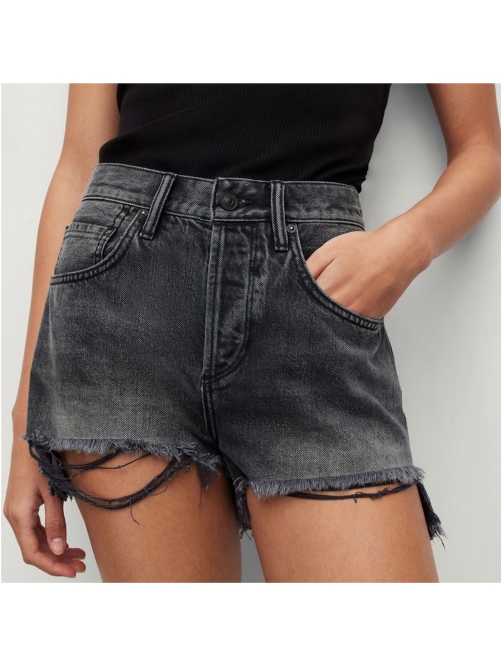 All Saints Heidi High-Rise Washed Black Denim Cutoff Shorts Size 30W